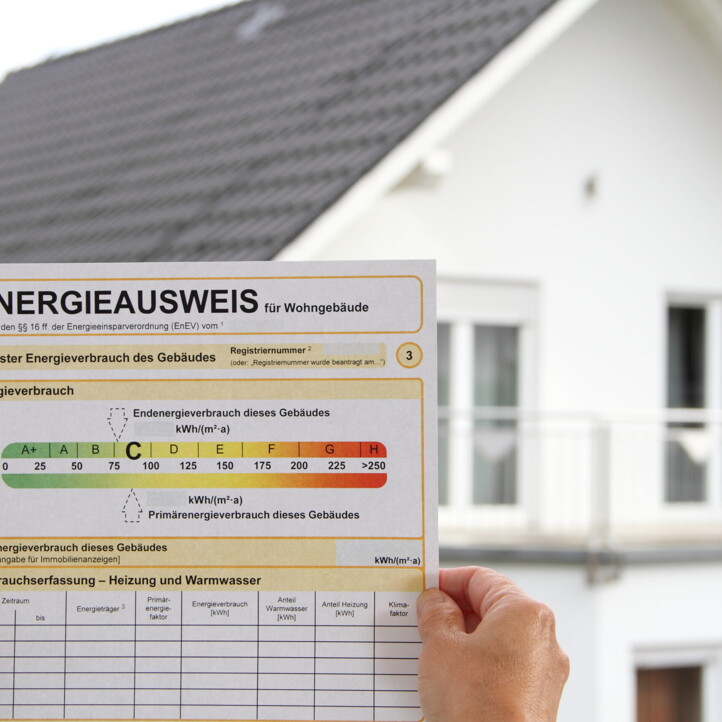Energieausweis wird vor Haus gehalten