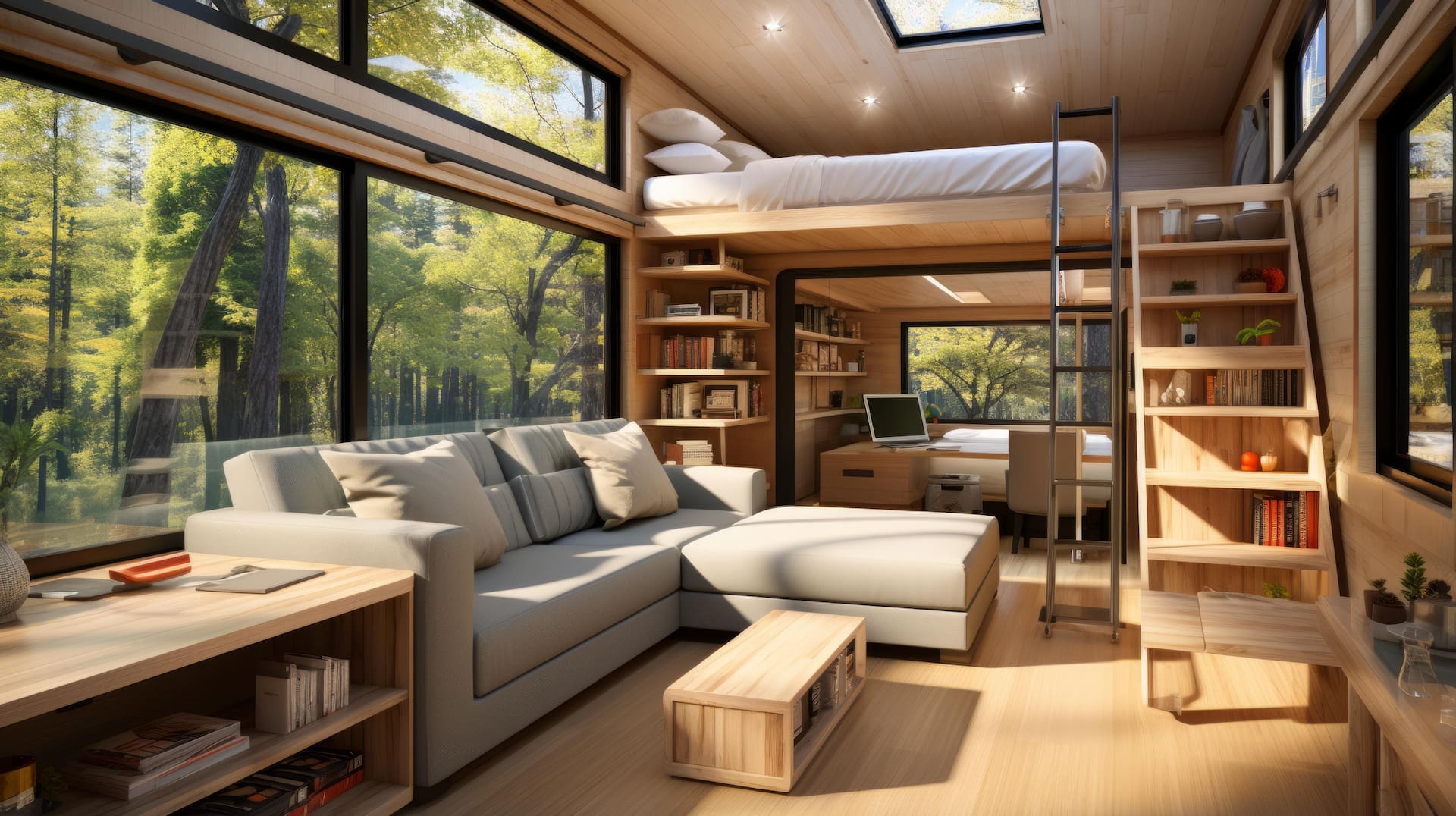 Kleines Haus mit Fenstern, Hochbett, Sofa, Schreibtisch & Wald.