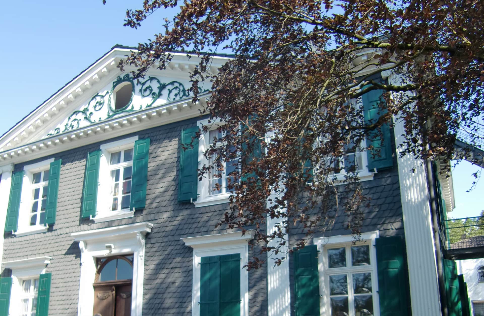 Haus mit blauen Fensterläden, weißem Rahmen und Baumästen davor.