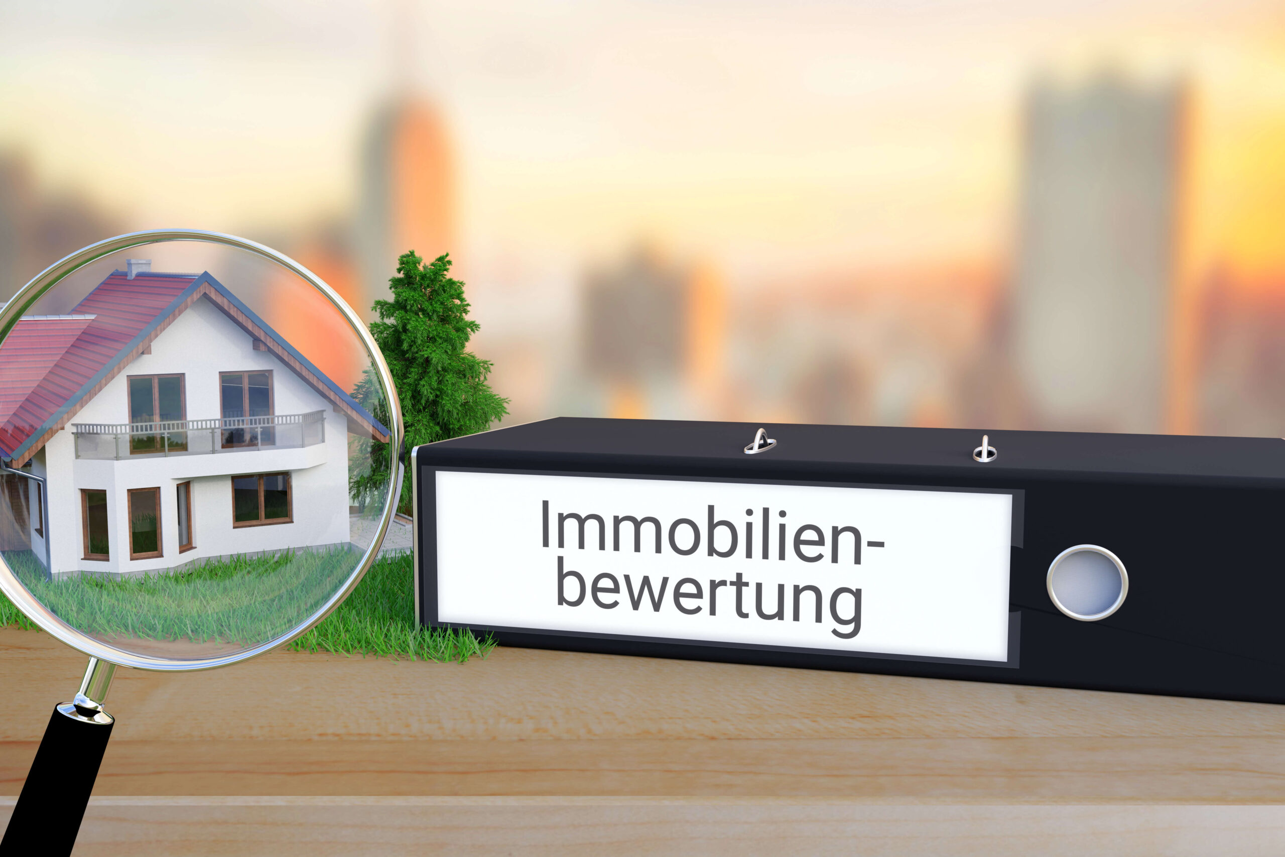 Ordner "Immobilienbewertung", Lupe, Modellhaus.