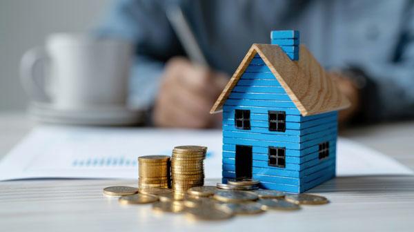 Blaues Hausmodell mit Münzen