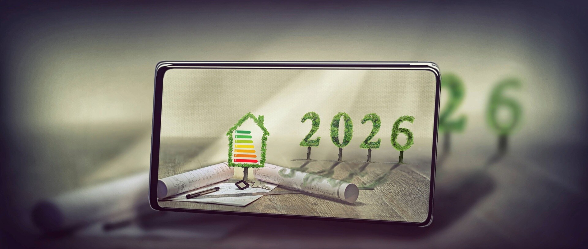 Smartphone zeigt Energieausweis-Symbol und Jahreszahl 2026.