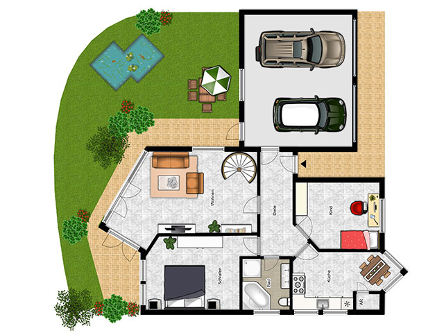 Grundriss eines Hauses mit Garage und Garten