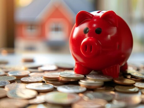 Rotes Sparschwein auf Münzen, Finanzierung des Immobilienkaufes
