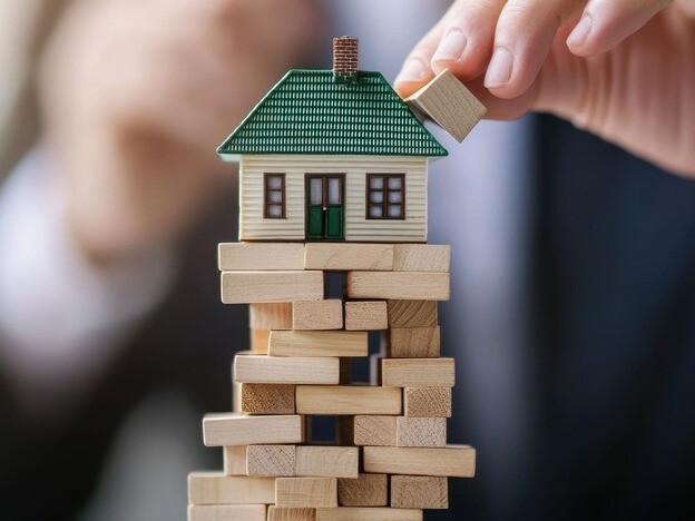 Modellhaus auf Jenga-Turm, Symbol für Probleme beim Immobilienverkauf