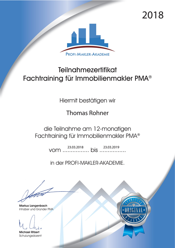 Zertifikat: Thomas Rohner, Fachtraining Immobilienmakler PMA 2018.