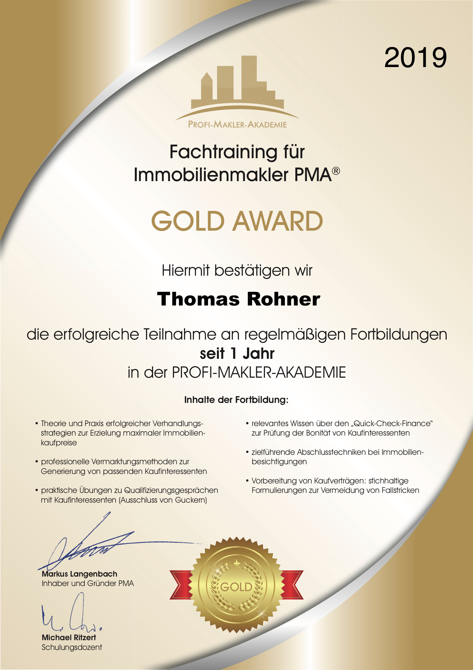 Gold Award Zertifikat: Thomas Rohner, 1 Jahr Brokertraining.