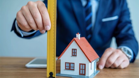 Mann hält Maßband neben Modellhaus