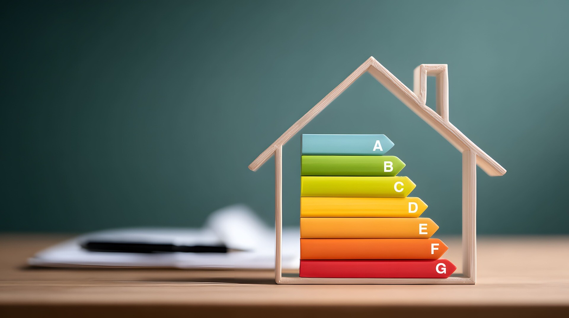 Modellhaus mit Energieklassen auf Schreibtisch