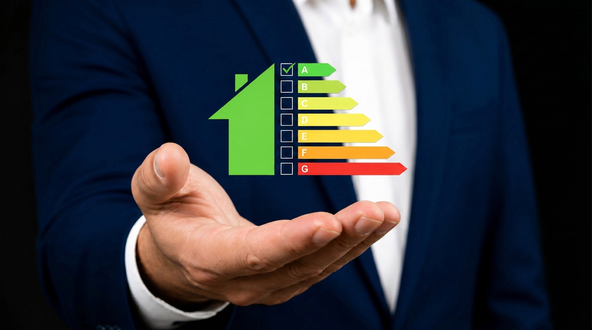 Immobilienmakler präsentiert Energieausweis-Skala von A bis G zur Energieeffizienz von Häusern.