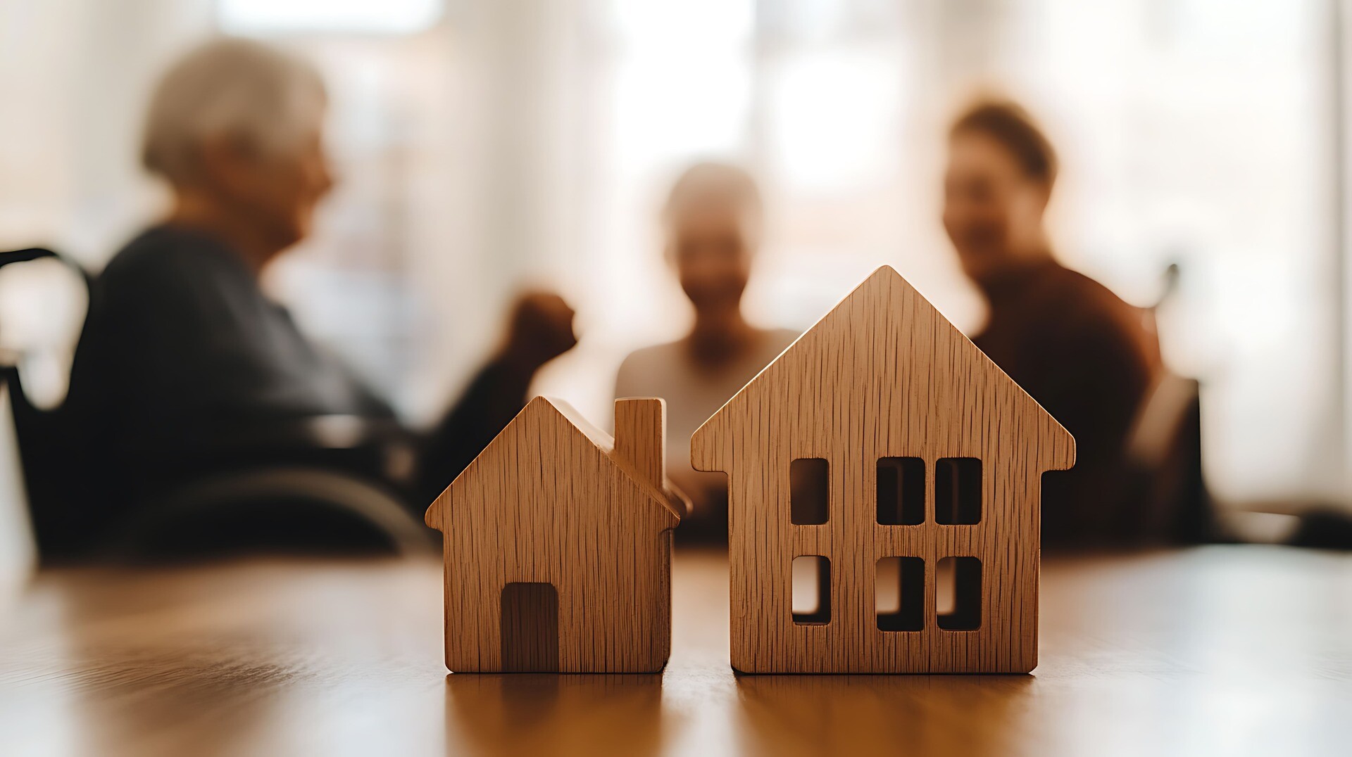Familie berät über Erbschaft. Im Vordergrund Modellhaus.