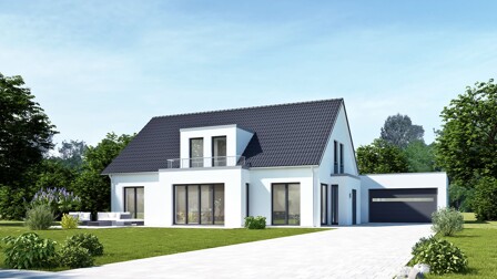Weißes Haus mit großen Fenstern, schwarzes Dach, Garage, Garten, blauer Himmel.