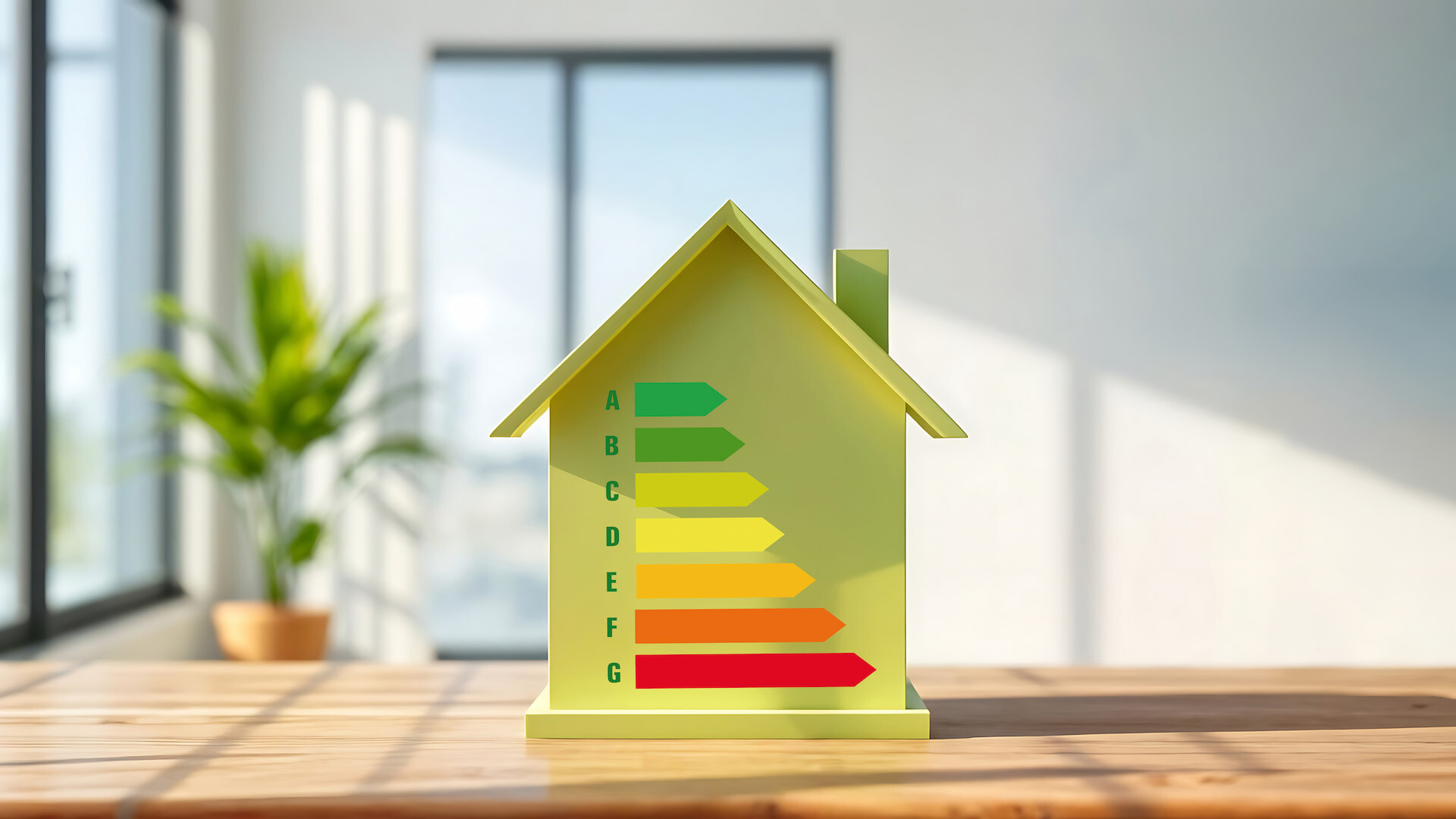 Haus mit A-G Energieriegeln auf einem Holztisch.