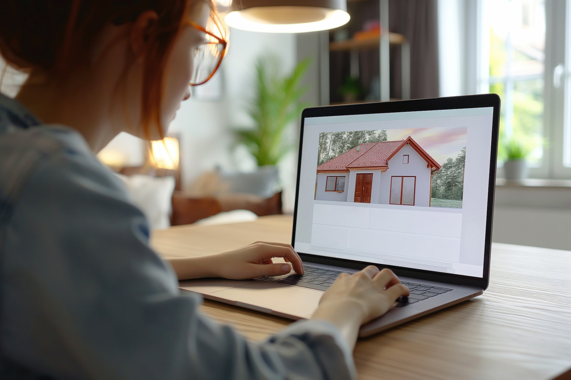 Die Person am Laptop betrachtet ein Hausdesign in hellem Raum.