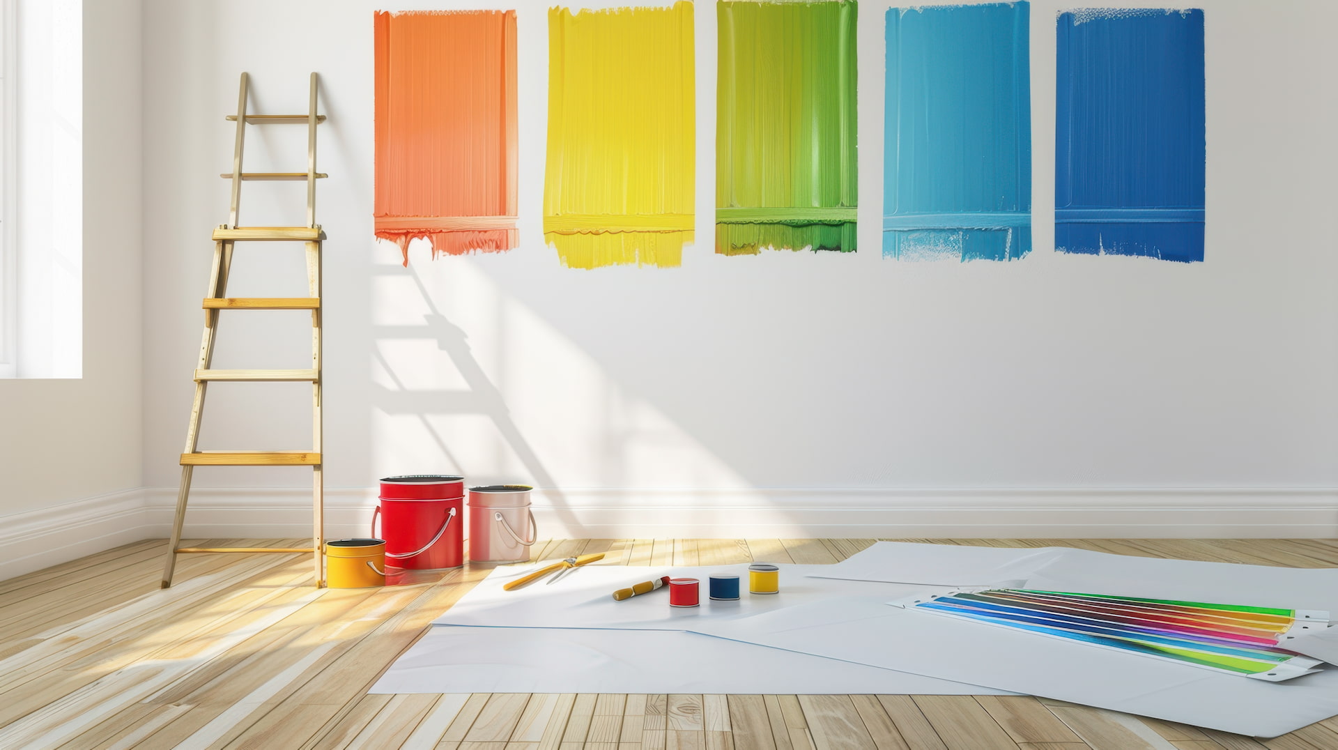 Regenbogenfarbmuster, Werkzeuge und eine Leiter auf dem Holzboden.