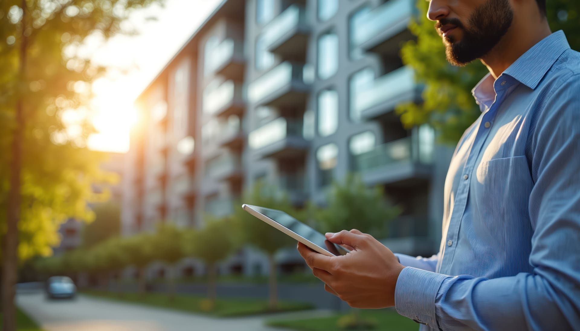 Mann mit Tablet vor einer Wohnanlage bei Sonnenuntergang und Bäumen.