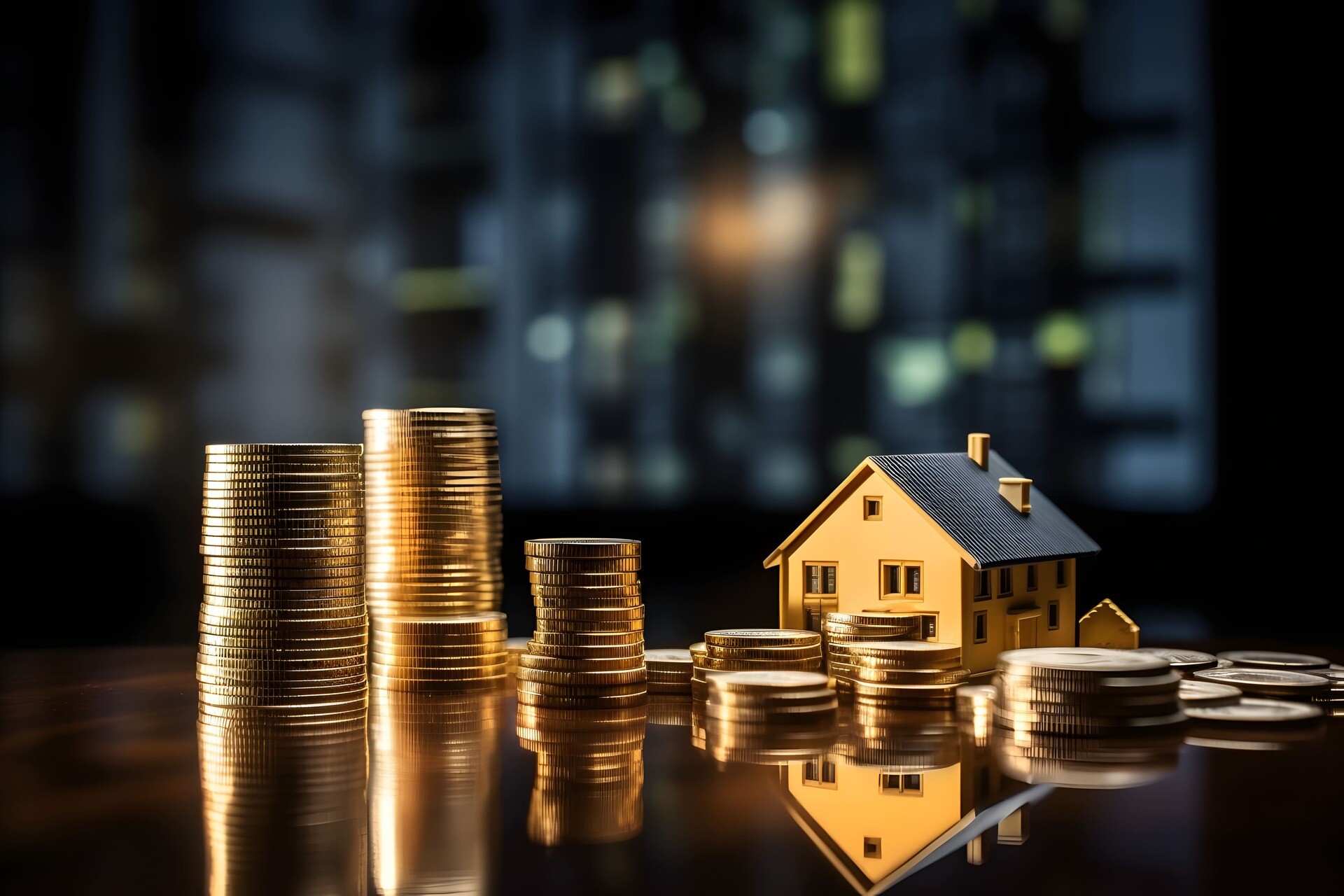 Goldmünzen neben Miniaturhaus, unscharfe Stadt im Hintergrund.