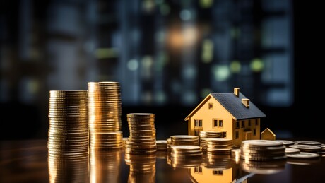 Goldmünzen neben Miniaturhaus, unscharfe Stadt im Hintergrund.