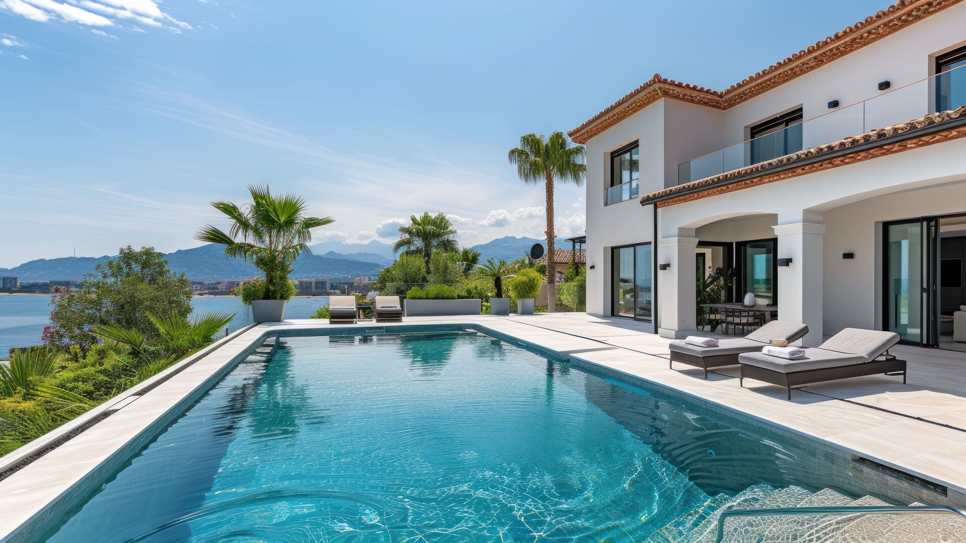 Villa mit Pool, Liegen, Palmen und Blick auf Berge und Wasser.