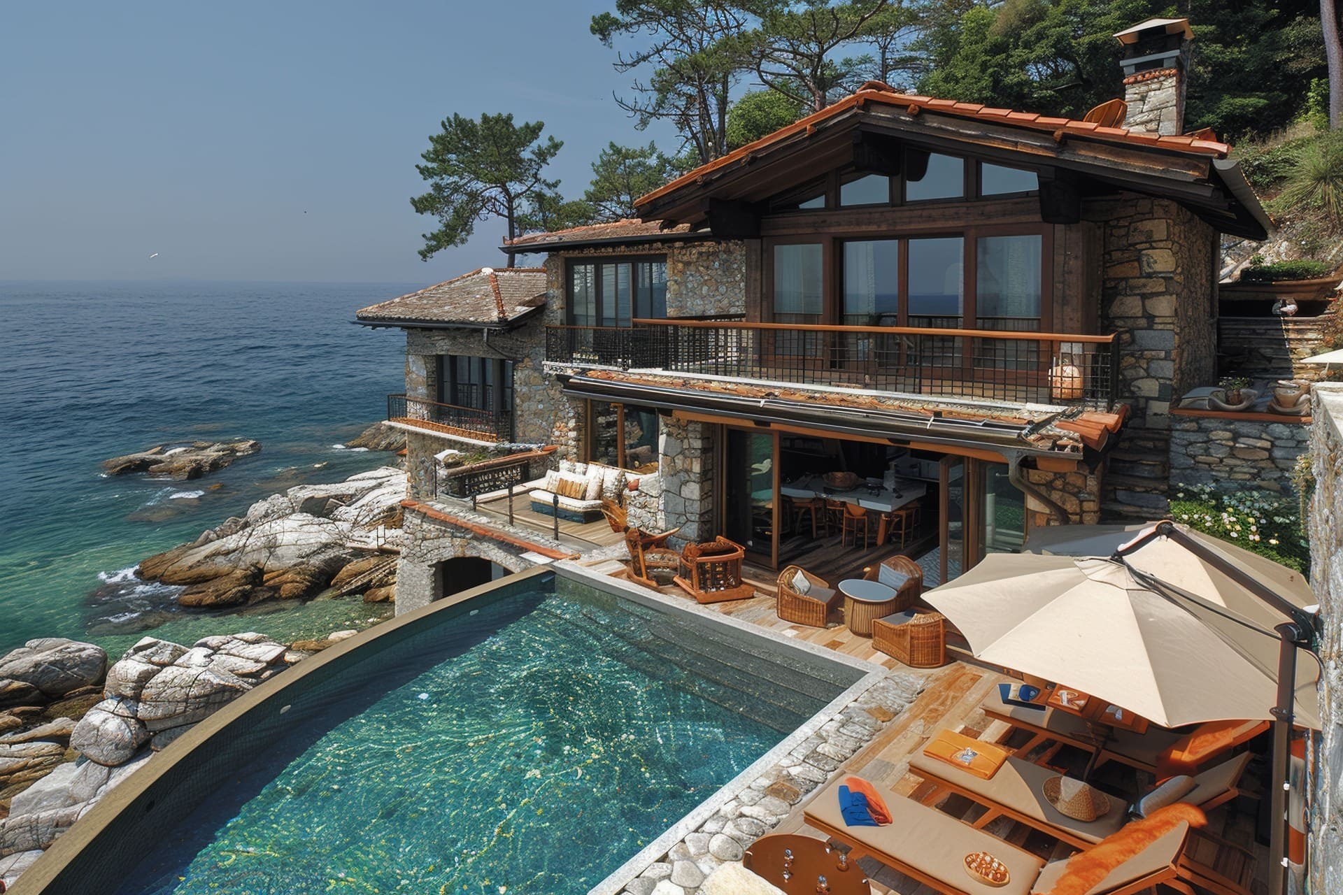 Steinhaus mit großen Fenstern, Pool, Möbeln und Meerblick.