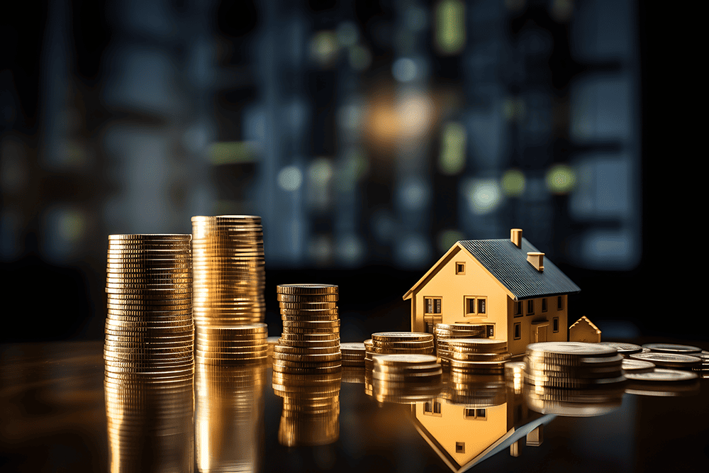 Goldmünzen und ein Modellhaus auf einem Tisch vor Stadtlichtern.