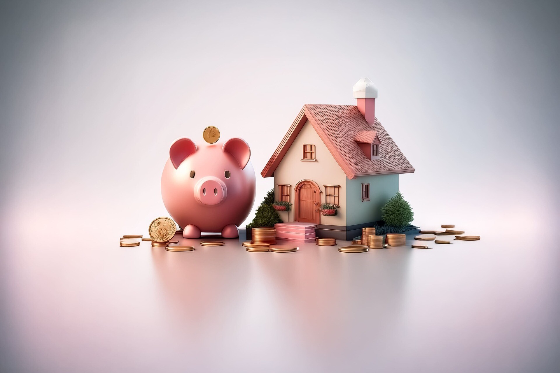 Sparschwein, Haus und Münzen - Symbol für Eigenheim-Sparen.