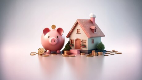 Sparschwein, Haus und Münzen - Symbol für Eigenheim-Sparen.