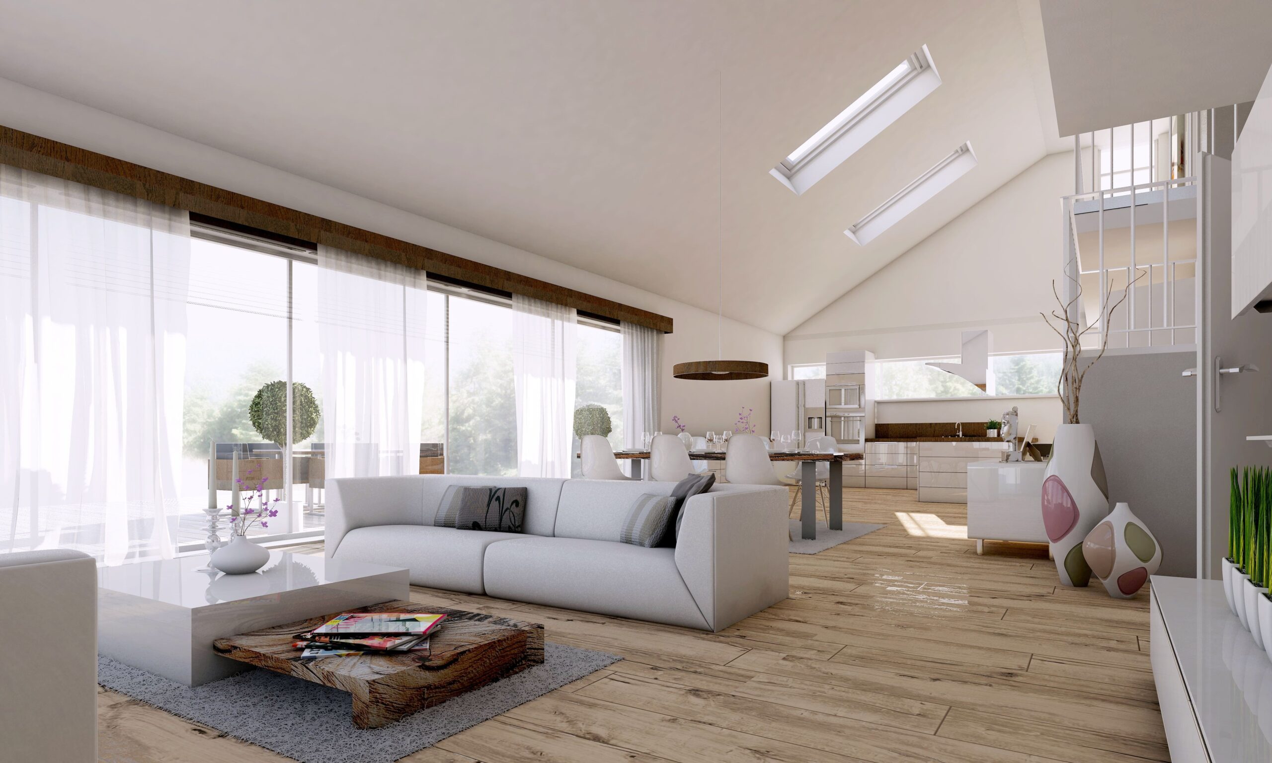 Modernes Wohnzimmer mit großen Fenstern und offener Küche.