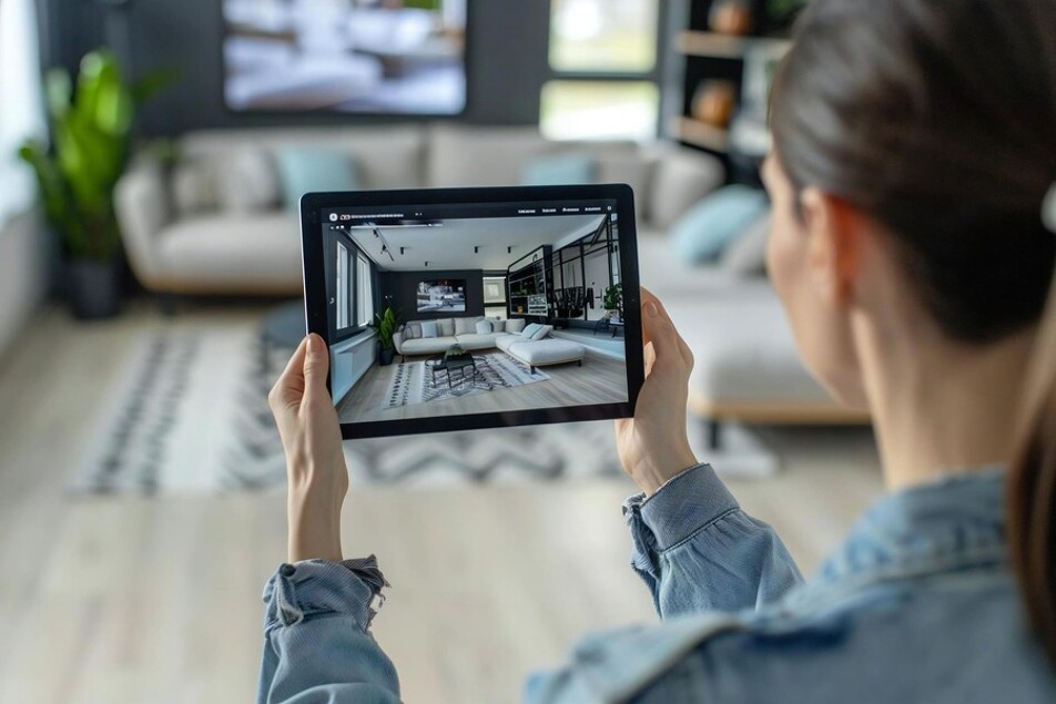 Frau hält Tablet hoch und macht ein Foto von einem Wohnzimmer