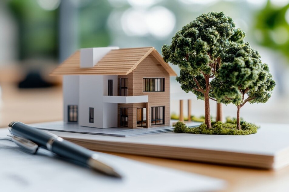 Kleines Modell von einem Haus neben einem künstlichen Baum, davor ein Kugelschreiber