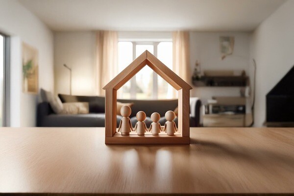 Kleines Modellhaus aus Holz mit Figuren