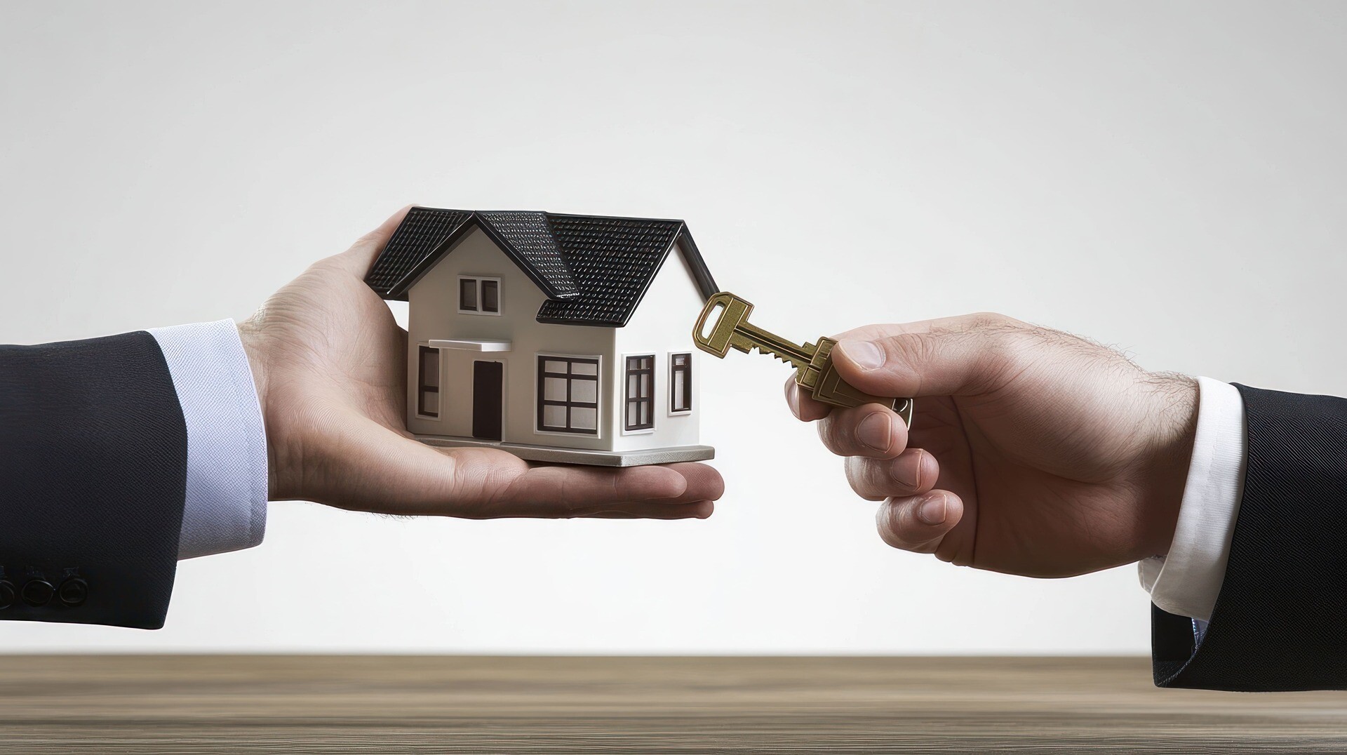 Männer halten Hausmodell und Schlüssel in Händen