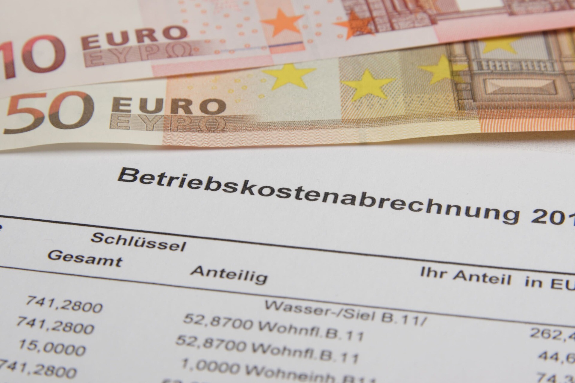 Betriebskostenabrechnung und Geldscheine