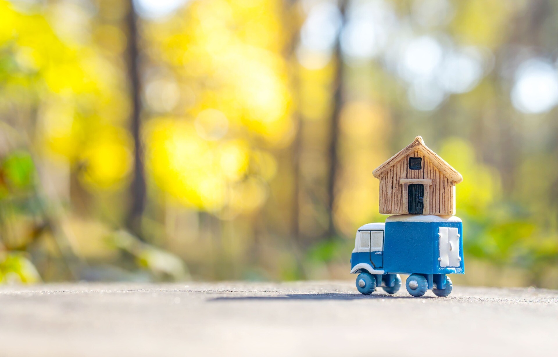 Ein kleines blaues Modellauto transportiert ein Modellhaus