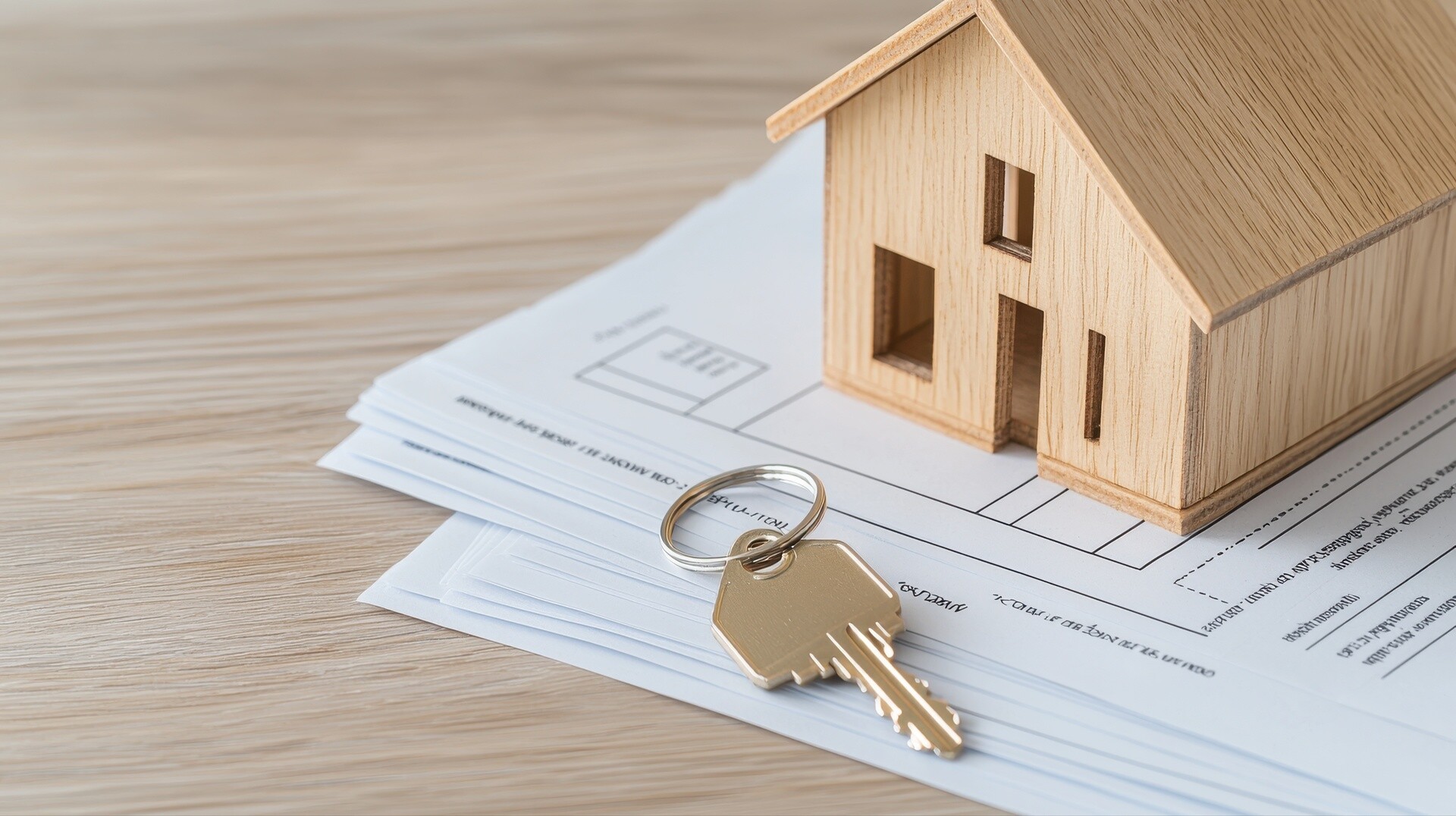 Modellhaus aus Holz mit Schlüssel und Unterlagen