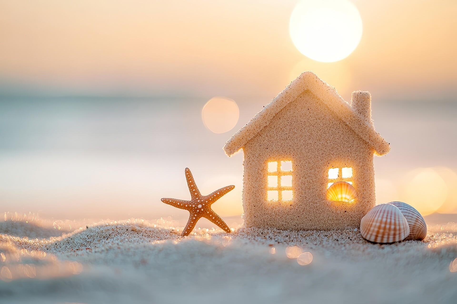 Modellhaus mit Muscheln auf Sand