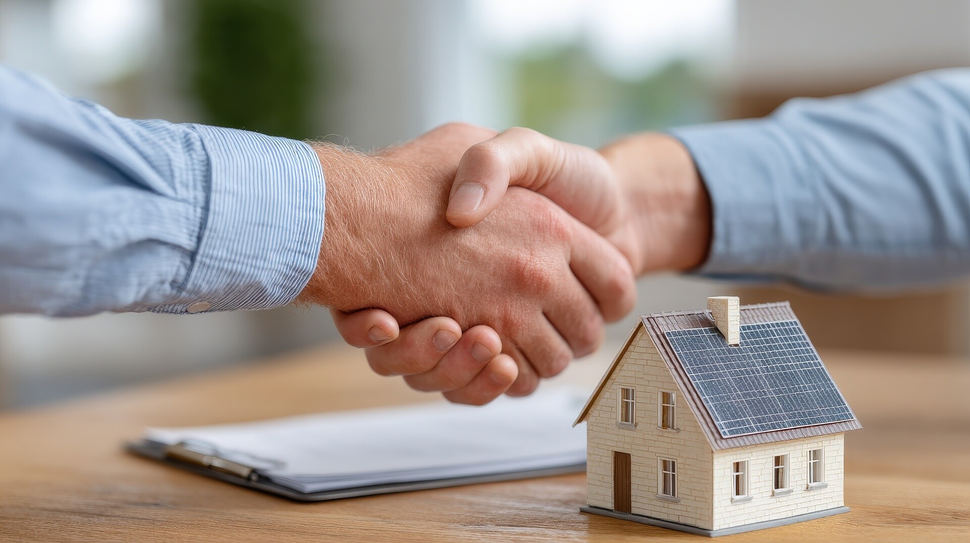 Zwei Männer schütteln sich die Hand vor einem Hausmodell