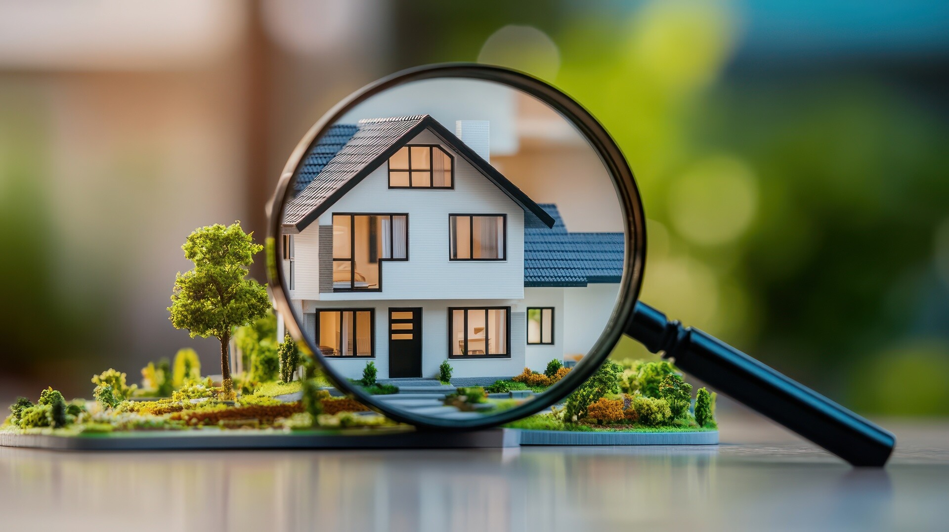 Lupe fokussiert Modellhaus mit Vorgarten