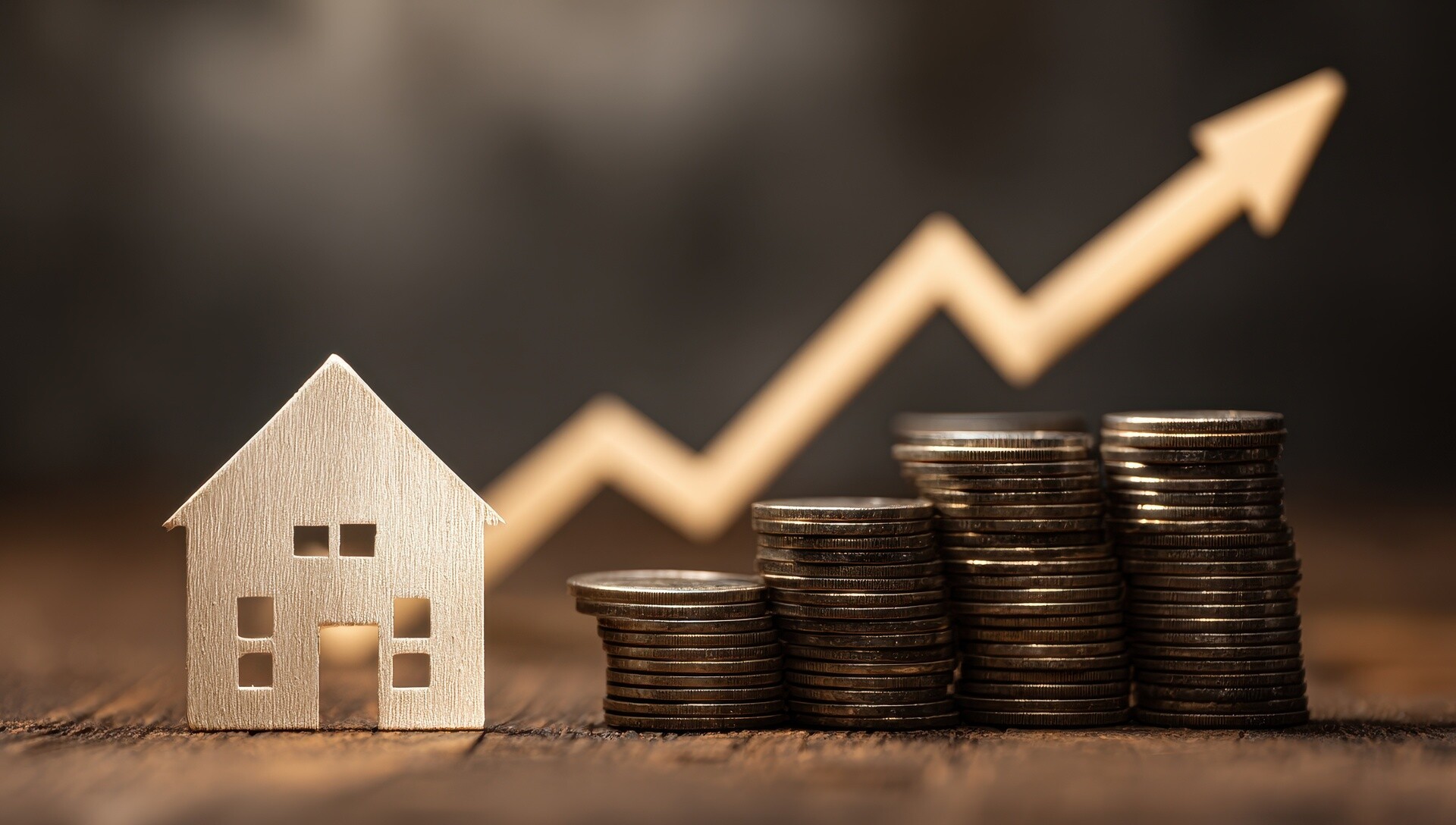 Modellhaus mit Münzen und nach oben zeigendem Pfeil