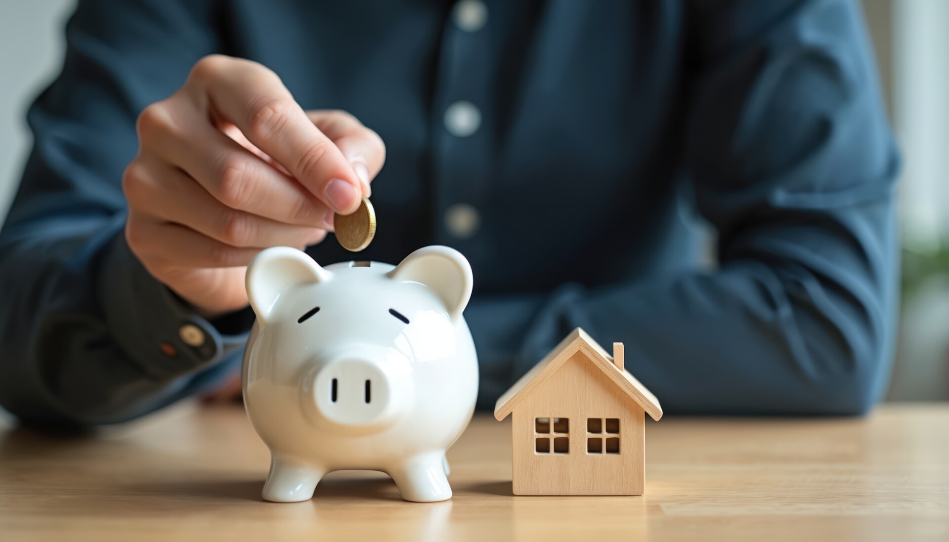 Mann wirft eine Münze in ein Sparschwein