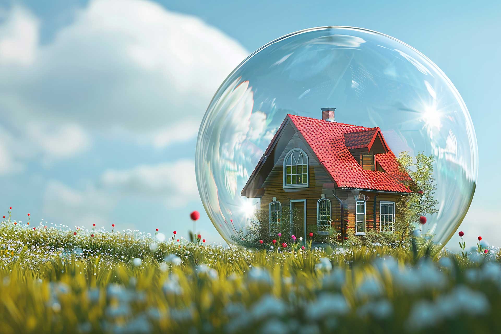 Immobilien: Traumhaus in einer großen Blase auf einer Wiese