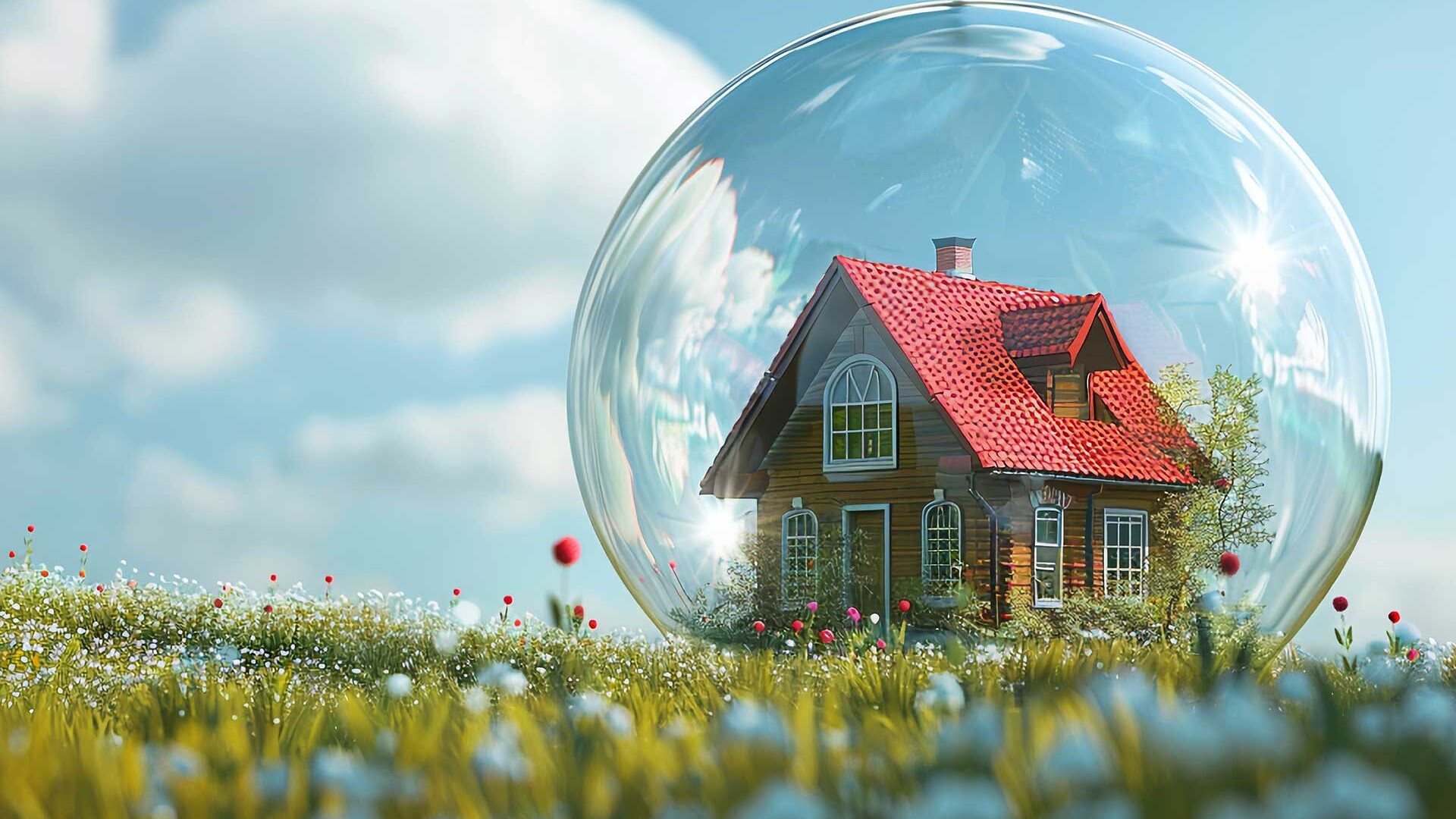 Immobilien: Traumhaus in einer großen Blase auf einer Wiese