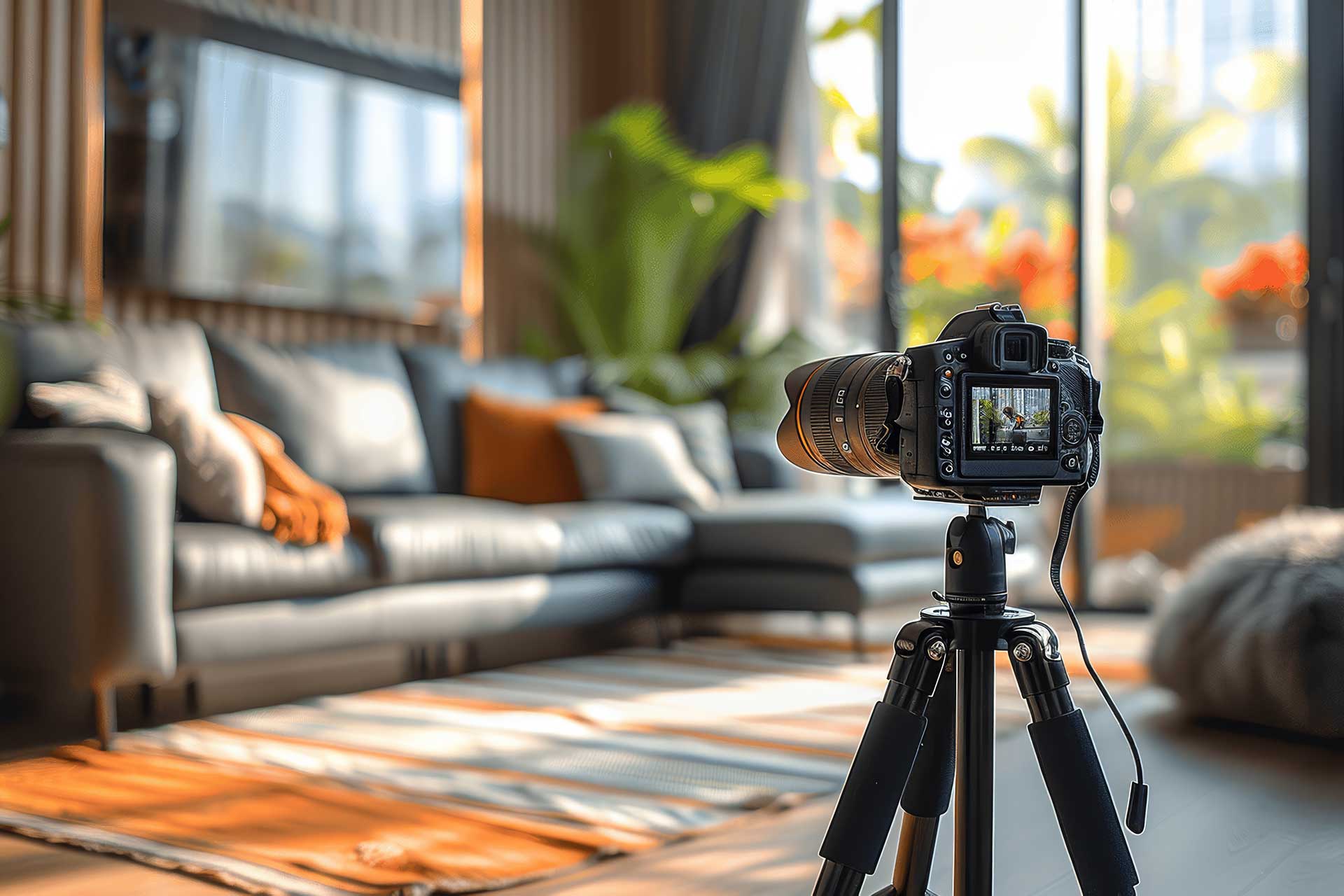 Immobilienfotos: Kamera steht im Raum zur Aufnahme des Wohnzimmers