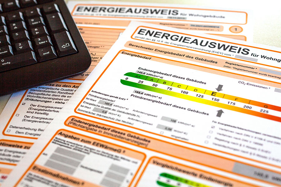Energieausweis, Tastatur, Fokus auf Effizienzklassen.
