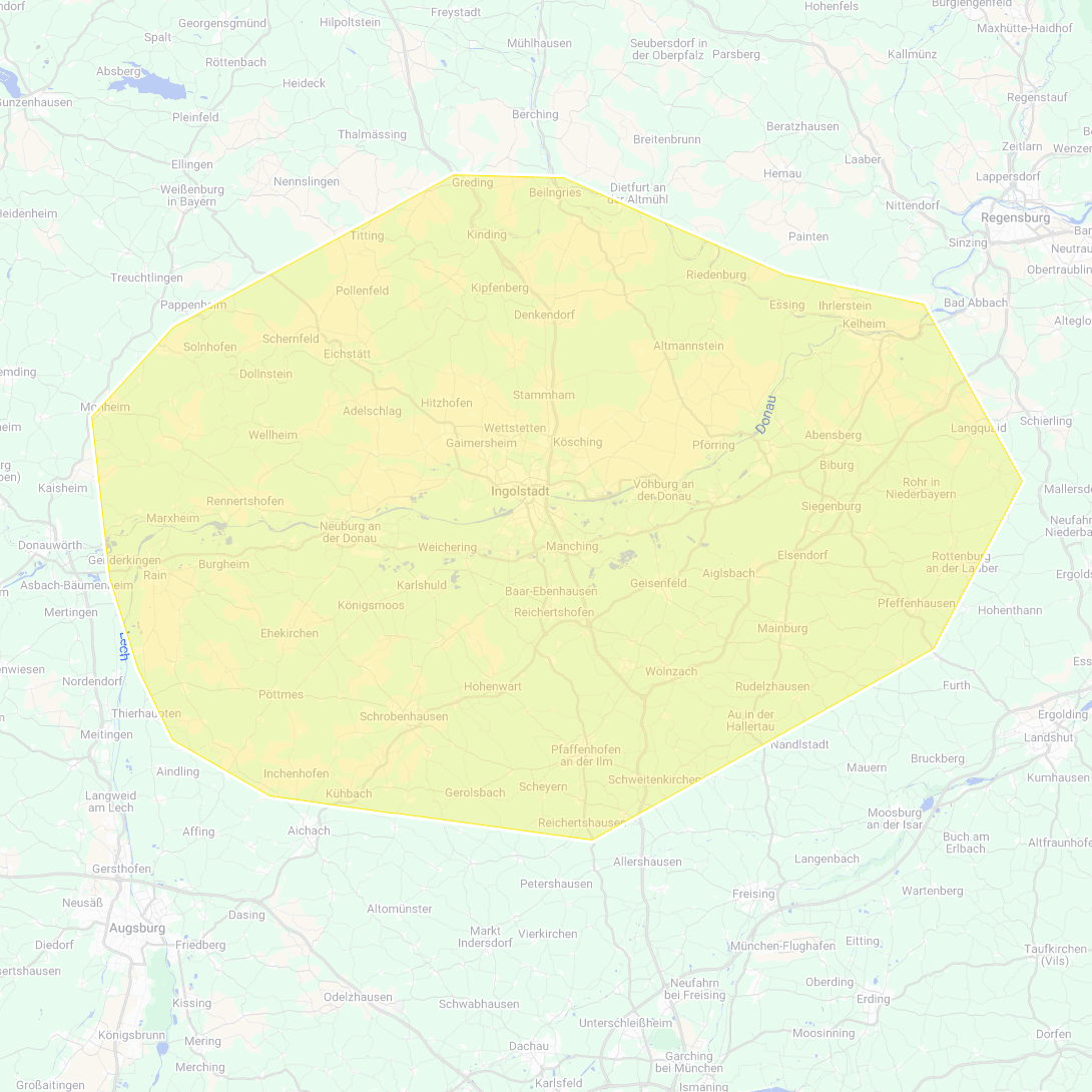 Unser Einzugsgebiet: Gelbe Markierung um Ingolstadt und umliegende Orte in Deutschland.