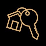 Kaufen: Goldene Umrisse von Haus und Schlüssel auf schwarzem Grund.