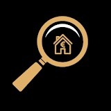 Lupe auf Haus-Icon mit Euro-Symbol, schwarzer Hintergrund.