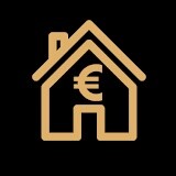 Verkaufen: Goldhaus-Symbol mit Eurozeichen auf schwarzem Hintergrund.