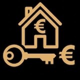 Vermieten: Haus- und Schlüsselsymbol mit Eurozeichen auf schwarzem Hintergrund.