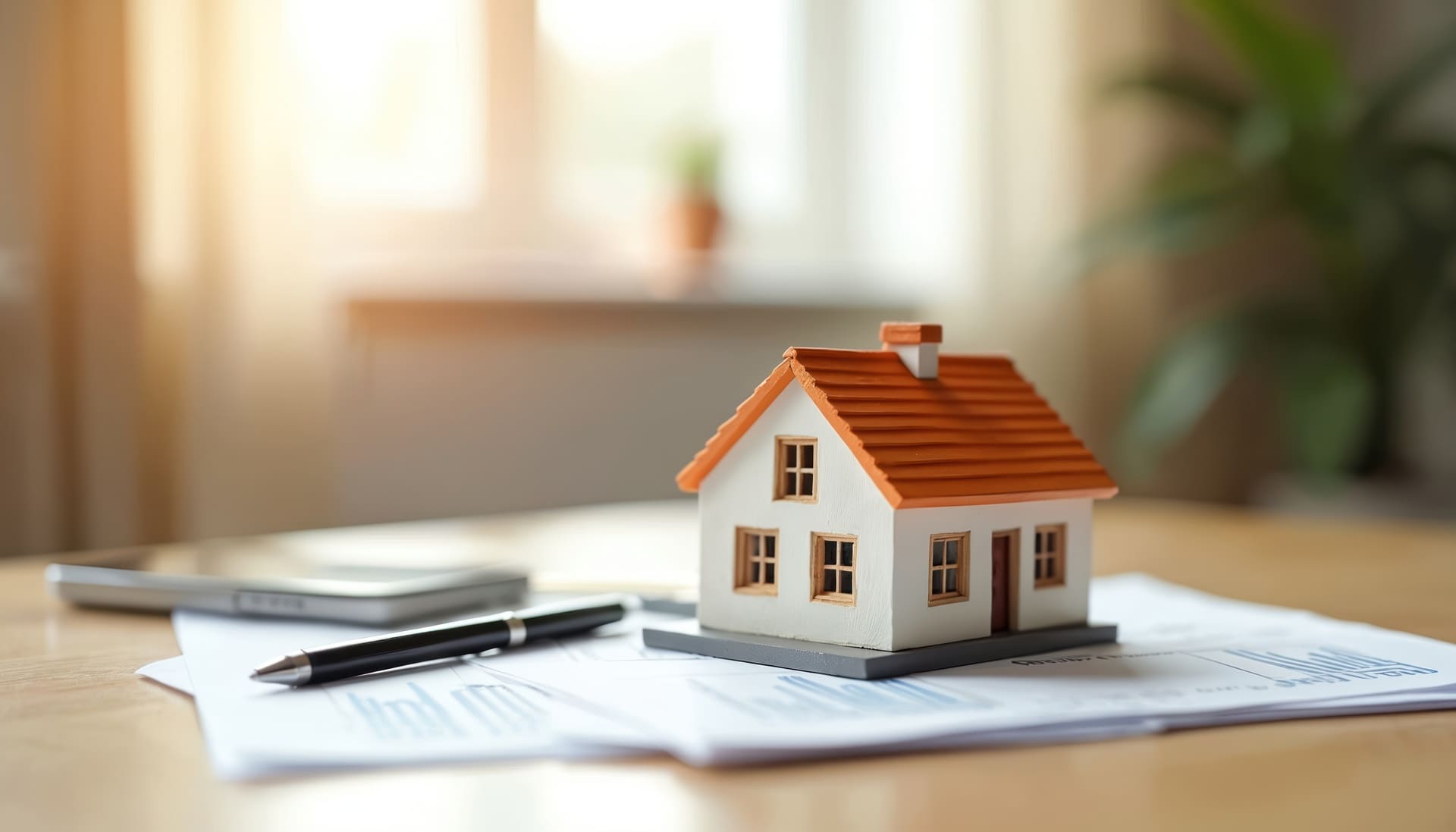 Miniaturhaus mit Stift und Vertragsunterlagen auf einem Tisch.